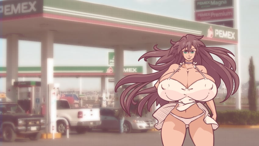 1girls 2022 breasts brown_hair cleavage color dress female female_only gas_station generic_anime_girl_(n647) huge_breasts looking_at_viewer meme n647 nipple_bulge original original_character panties solo thin_waist voluptuous wide_hips