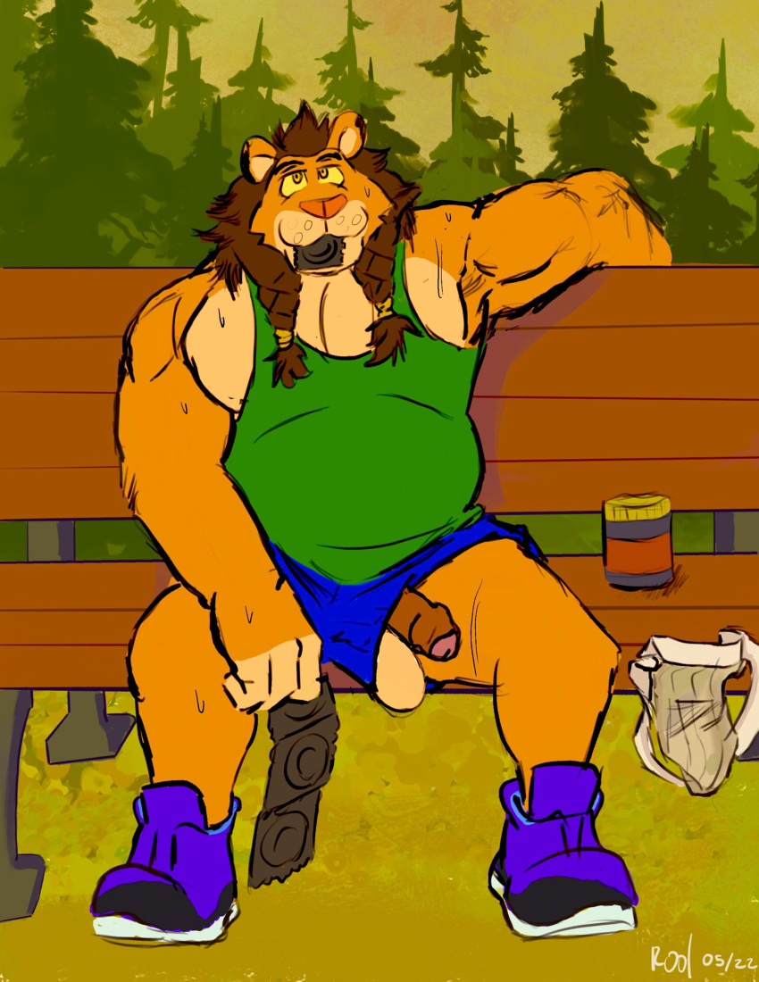 anthro balls bench biceps bodily_fluids bottomwear clothed clothing condom condom_in_mouth day exhibitionism felid footwear foreskin fully_clothed furry genitals hi_res holding_condom holding_object humanoid_genitalia humanoid_penis jockstrap lion male mammal musclegut muscular muscular_anthro muscular_male outside pantherine penis plant poking_out public rool roolthelion sexual_barrier_device shirt shoes shorts sitting sneakers solo sweat tank_top topwear tree underwear