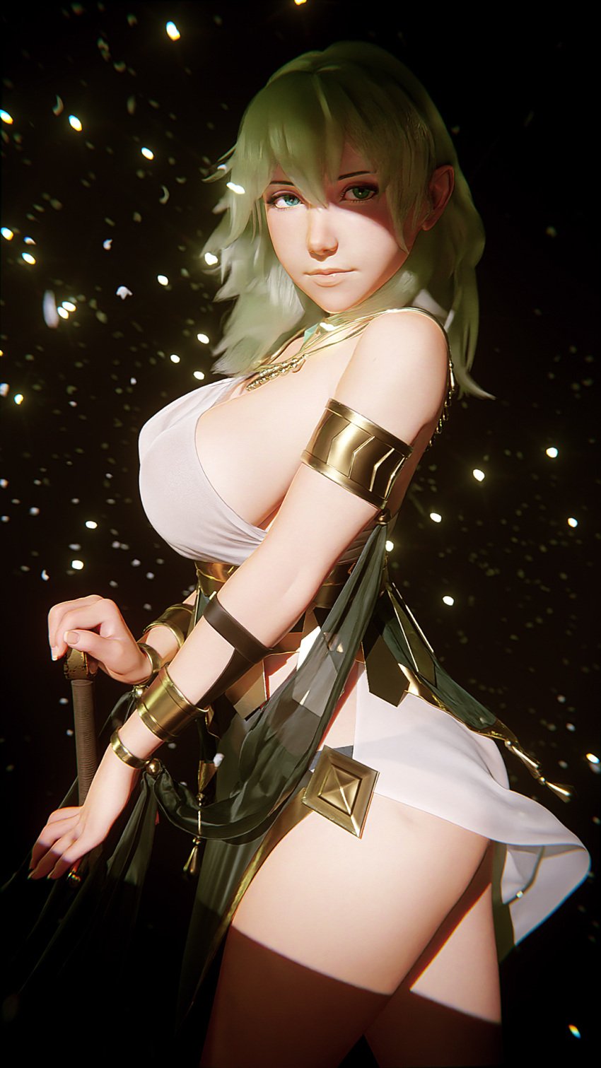 1girls 3d 9:16 alternate_costume armlet ass blender_(medium) bracelet breasts byleth_(fire_emblem) byleth_(fire_emblem)_(female) chinese_commentary commentary dancer dancer_(three_houses) dark_background enlightened_byleth_(female) female female_only fire_emblem fire_emblem:_three_houses green_hair highres j9006 jewelry large_breasts light_particles looking_at_viewer medium_hair necklace nintendo official_alternate_costume pommel shade shawl sideboob solo sword thighs weapon