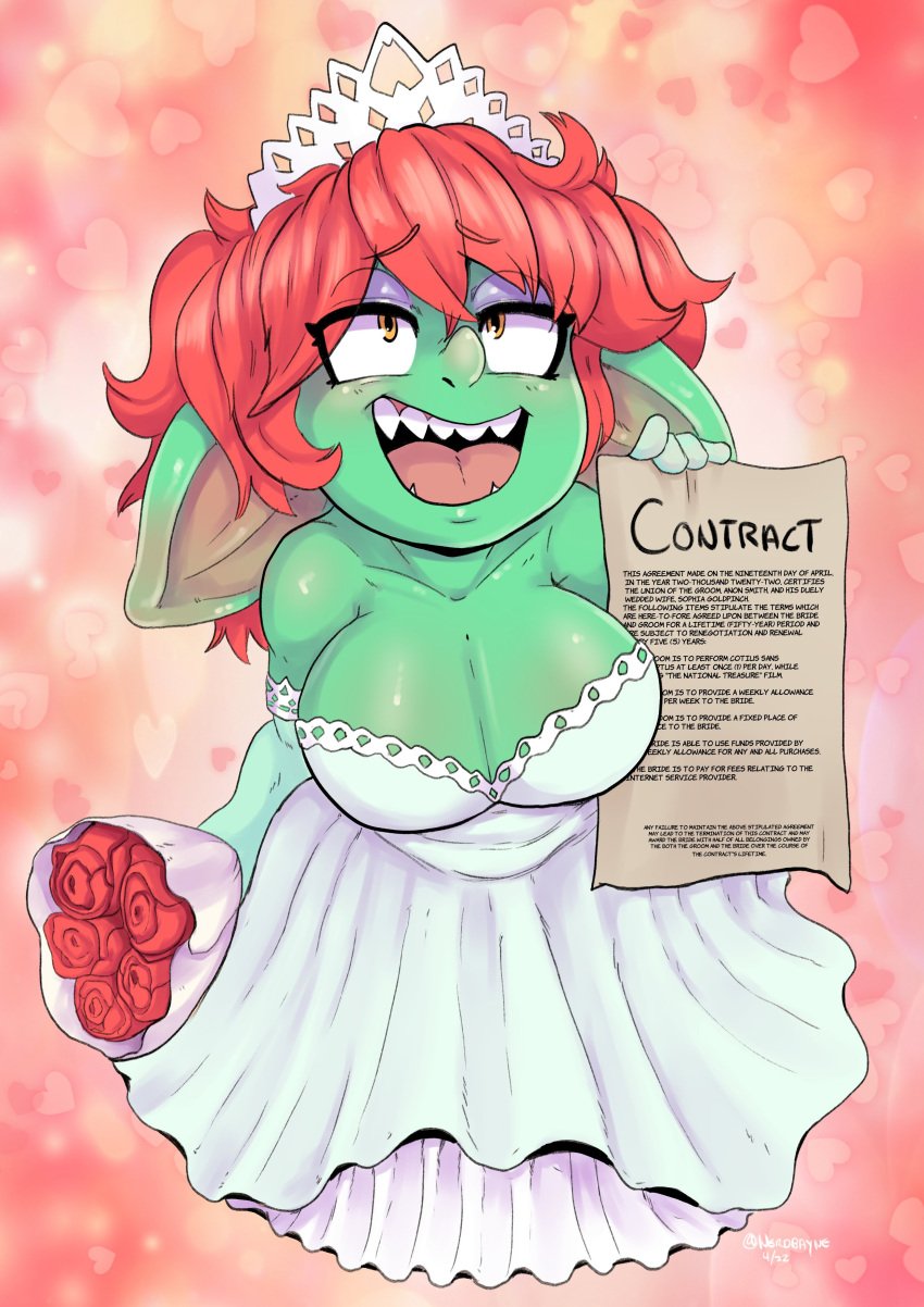 1girls big_ears bouquet bouquet_of_flowers bouquet_of_roses cleavage contract crown cute english_text female female_only flowers full_body goblin goblin_female green-skinned_female green_skin happy large_breasts large_ears long_hair looking_up marriage_certificate narrowed_eyes nerdbayne open_mouth orange_eyes paper pointy_ears pointy_teeth red_hair rose_(flower) rose_bouquet sharp_teeth shortstack solo solo_female text tiara very_high_resolution wedding_dress