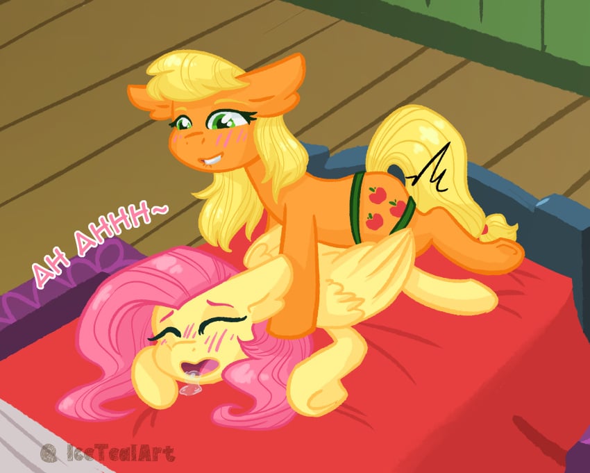 ambiguous_penetration applejack_(mlp) bed bedroom_eyes blush blush_lines bodily_fluids drooling duo earth_pony english_text equid equine female female/female feral fluttershy_(mlp) friendship_is_magic fur furniture hair hasbro hi_res horse icetealart inside mammal my_little_pony narrowed_eyes orange_body orange_fur pegasus penetration pink_hair pink_tail pinned pony saliva seductive teal_eyes text wings yellow_body yellow_fur yellow_tail