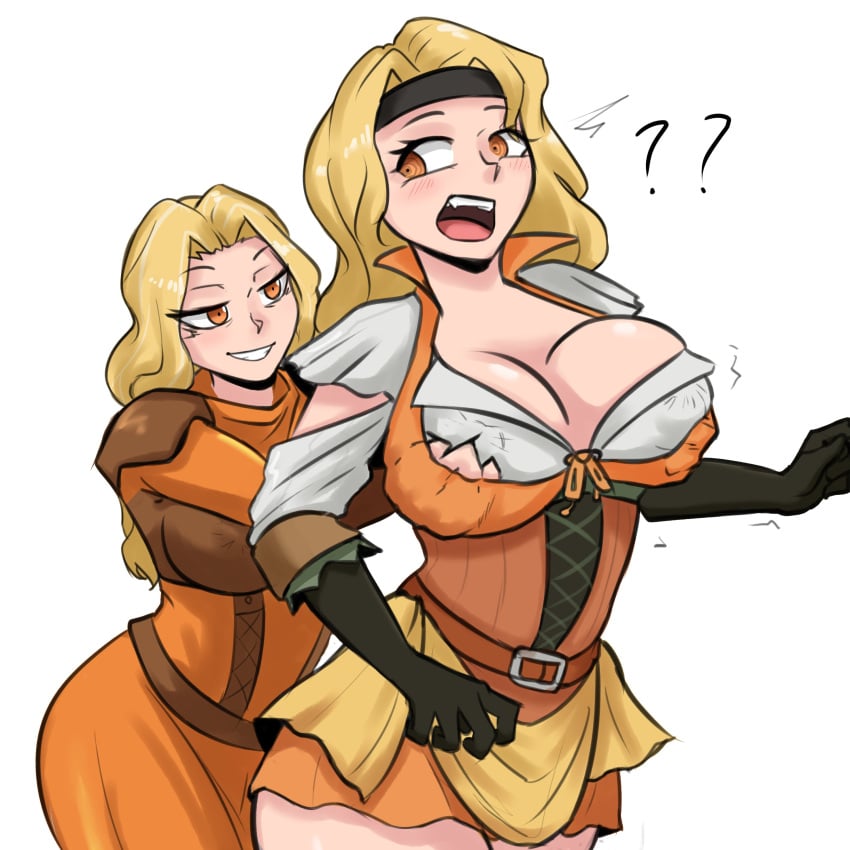 2girls @_@ alternate_costume blonde_hair breast_grab breasts brigid_(fire_emblem) brigid_(pirate)_(fire_emblem) cleavage corset counterpart deep_skin double_breast_grab erect_nipples erect_nipples_under_clothes eyvel_(fire_emblem) female fire_emblem fire_emblem:_genealogy_of_the_holy_war fire_emblem:_thracia_776 grabbing_another's_breast grabbing_from_behind grin hand_under_clothes headband molestation multiple_girls nintendo nipple_bulge official_alternate_costume orange_eyes pirate pirate_girl rape selfcest shocked sunk118 time_paradox yuri