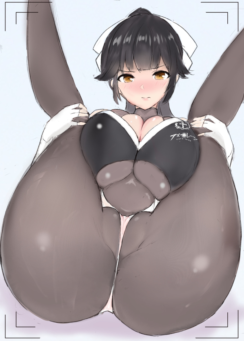 ass ass_focus azur_lane black_hair breast_press breast_squeeze breasts breasts_between_legs breasts_pressed_together cleavage crotch_seam female gloves hair_ribbon highres holding_legs huge_breasts leg_hold legs_up looking_at_viewer lying netto_inutaro official_alternate_costume on_back presenting pussy ribbon solo spread_legs takao_(azur_lane) takao_(full_throttle_charmer)_(azur_lane) thick_thighs thighs white_gloves yellow_eyes