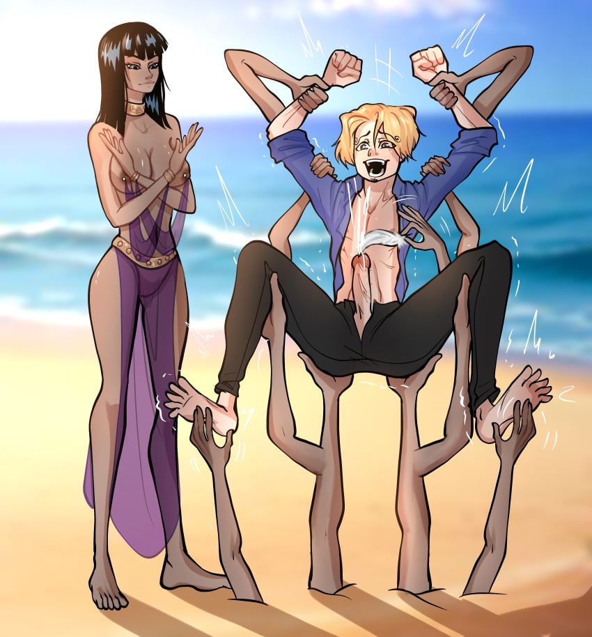 1boy 1girls black_hair blonde_hair bondage breasts cum dark-skinned_female feathers female femdom hana_hana_no_mi kazemaru15000 male malesub multi_arm multi_limb nico_robin nipple_piercing one_piece penis penis_tickling revealing_clothes sanji tickle_torture tickling tickling_feet tickling_penis vinsmoke_sanji white_feather