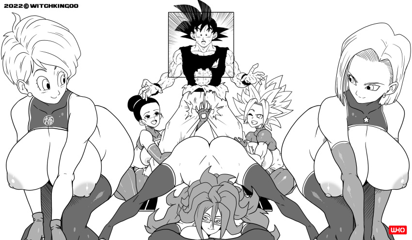 1boy 5girls :o all_fours android_18 android_21 android_21_(human) areolae bent_over big_breasts breasts bulma_briefs chichi clothing crotch_grab doggy_style dragon_ball dragon_ball_out_of_pannel dragon_ball_super dragon_ball_z edit female female_saiyan from_behind gangbang gloves harem interspecies jack-o_pose kefla legendary_super_saiyan long_hair looking_at_viewer looking_back male monochrome nipples panel saiyan sex short_hair son_goku super_saiyan super_saiyan_2 teacher_and_student thick_thighs thighhighs universe_6 universe_6/universe_7 universe_6_girls vomi_(dragon_ball) witchking00