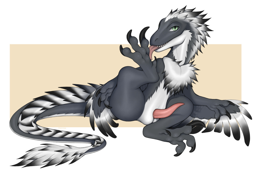 anthro anthro_only aseysh claws dinosaur dromaeosaurid feathers feral fur genitals licking looking_at_viewer male male_only nude paws penis prehistoric raised_leg reptile scalie solo theropod tongue tongue_out wings ych_(character)