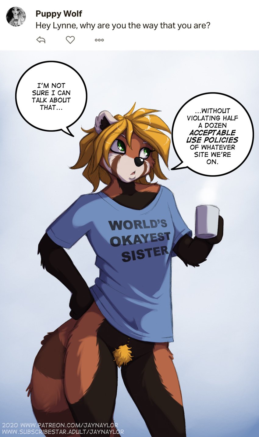 1girls 2020 ailurid anthro ask_blog bottomless clothed clothing coffee_mug conditional_dnp female genitals hi_res jay_naylor lynne_(jay_naylor) mammal original_life_universe_(jay_naylor) pubes pubic_hair pussy questions_and_answers red_panda shirt solo topwear