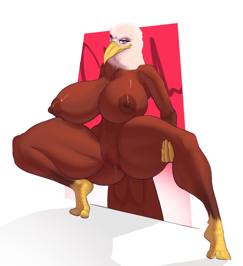 absurd_res accipitrid accipitriform anthro avian bald_eagle beak bedroom_eyes big_breasts bird bodily_fluids breasts digital_media_(artwork) eagle feathers female furry furry_only genital_fluids genitals gobsmacker hi_res large_breasts looking_at_viewer naked narrowed_eyes nipples nude presenting presenting_pussy pussy sea_eagle seductive simple_background solo thick_thighs white_background wide_hips