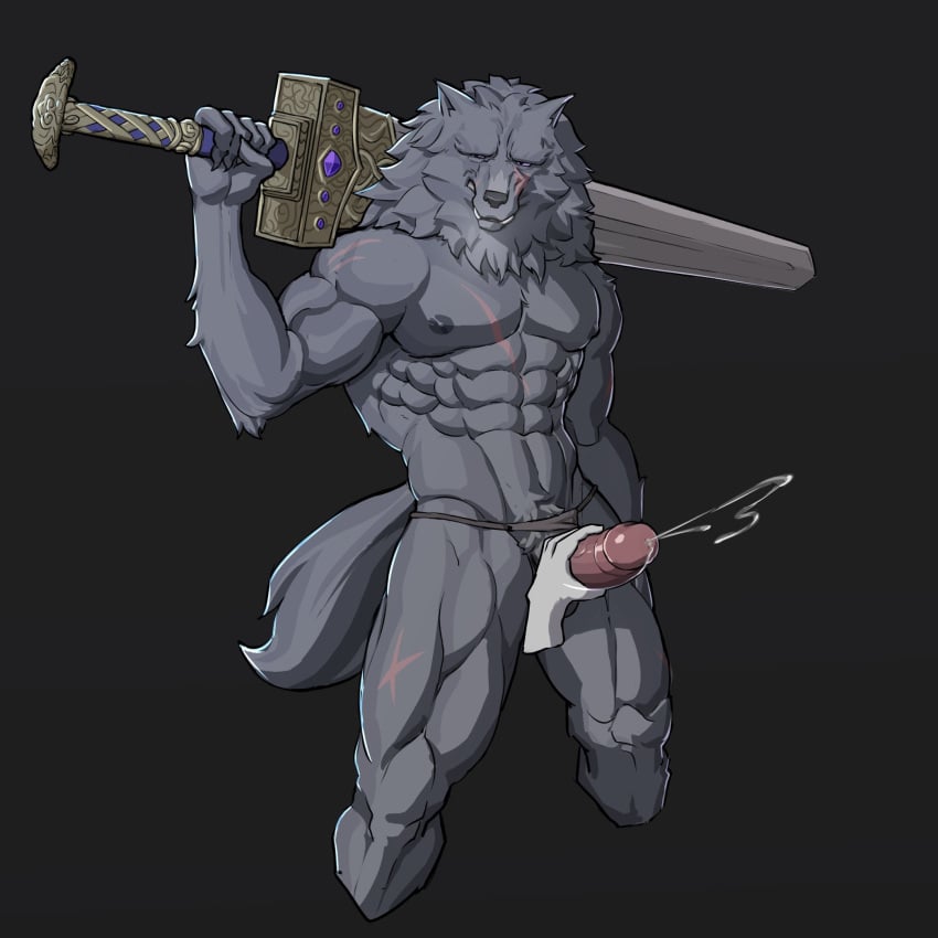 2022 abs anthro balls biceps big_muscles big_penis black_background blaidd_(elden_ring) bodily_fluids canid canine canis clothing clothing_aside cum cumshot disembodied_hand ejaculation elden_ring erection fromsoftware fur genital_fluids genitals handjob hi_res holding_object holding_sword holding_weapon humanoid_genitalia humanoid_penis male male_only mammal melee_weapon muscular muscular_anthro muscular_male narrowed_eyes navel nipples obliques one_eye_closed pecs penile penis scar sedo sedo_(usingincognito) sex simple_background solo standing sword thong thong_aside tuft underwear underwear_aside usingincognito video_games weapon wolf