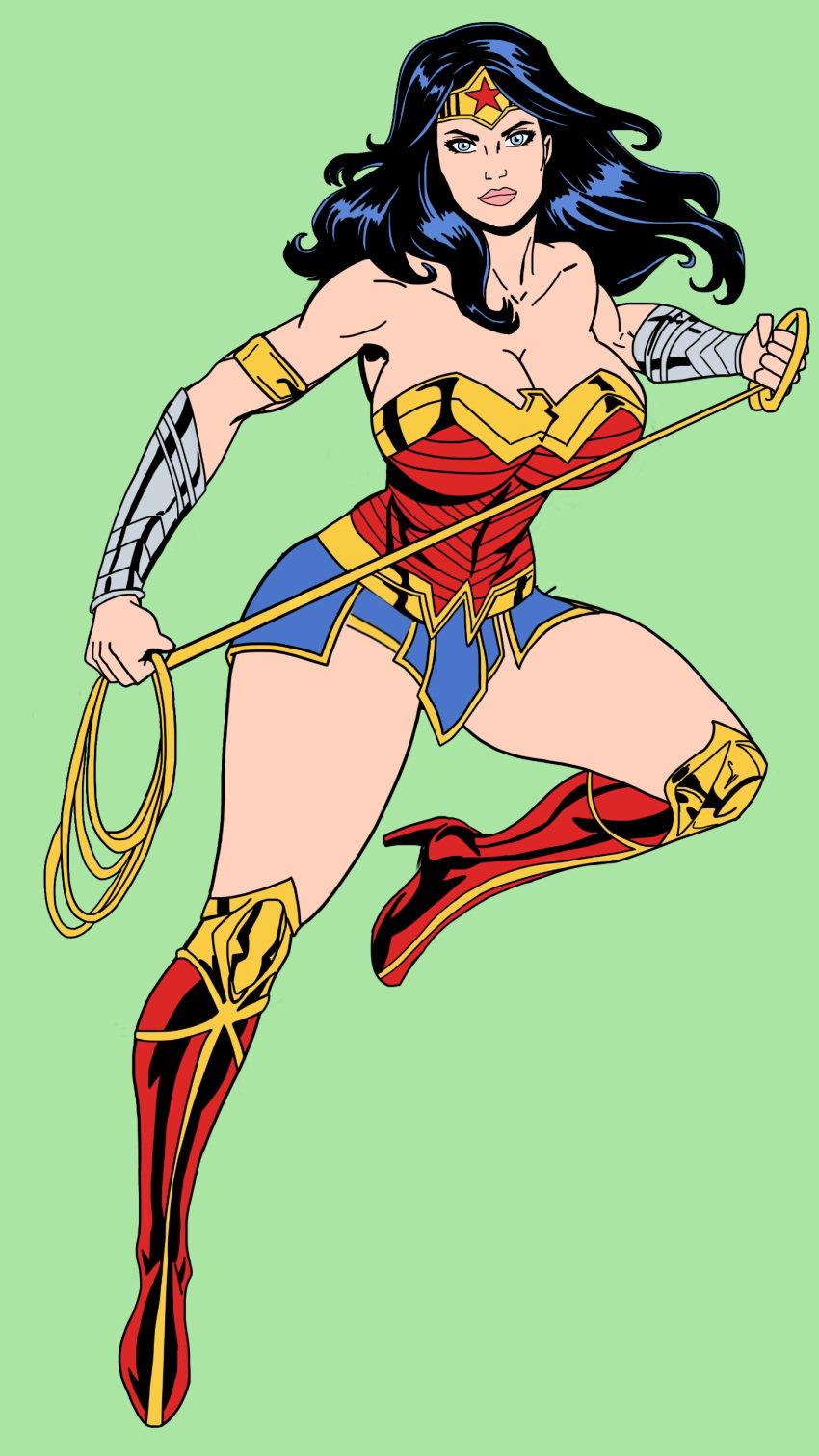 1girls 2d 2d_(artwork) armor black_hair blue_eyes boots comic dc dc_comics diana_prince drawingthings12 female female_only fully_clothed green_background lasso lasso_of_truth solo superheroine tiara wonder_woman wonder_woman_(series)