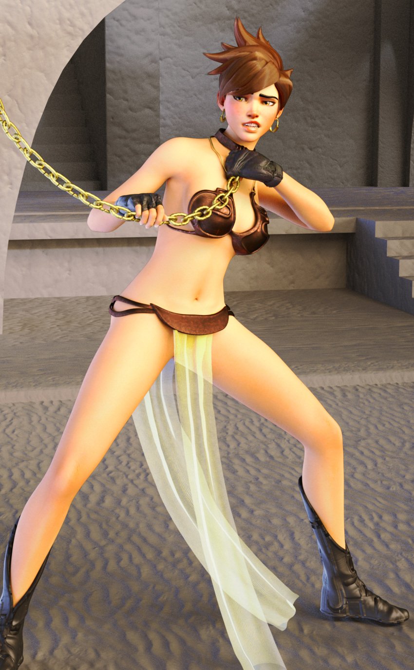 1girls 3d activision belly_dancer belly_dancer_outfit blizzard_entertainment boots brown_hair chain_leash chained collar crossover dancer dancer_outfit earrings female female_only fingerless_gloves gooddavy harem_girl harem_outfit hazel_eyes human leash loincloth overwatch short_hair skimpy_clothes slave slave_bikini slave_collar slave_leia_(cosplay) slave_outfit slavegirl solo star_wars tracer