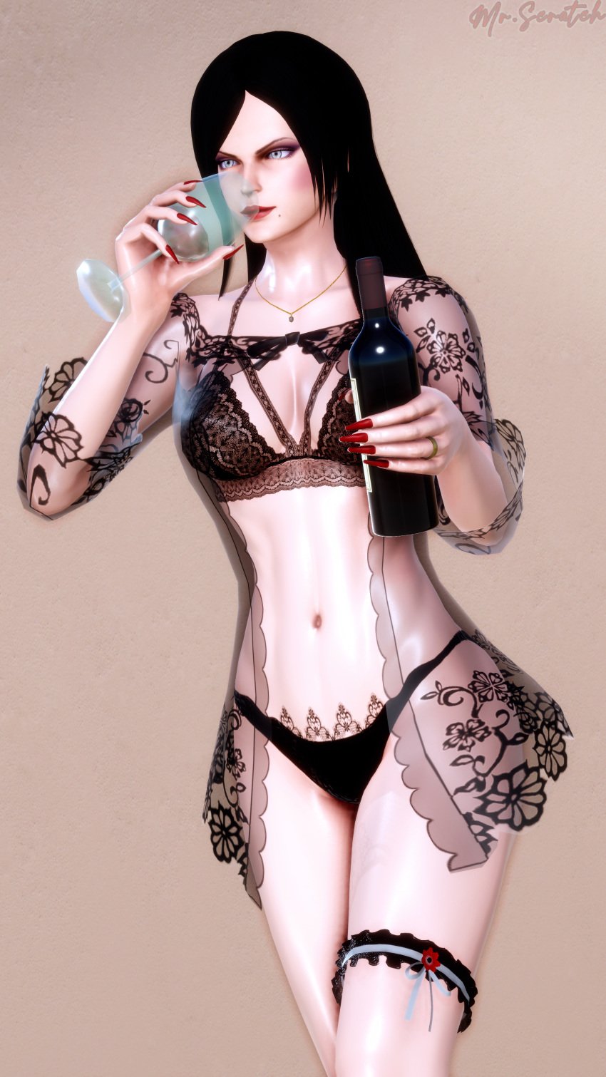 1girls 3d bayonetta bayonetta_(character) belly_button black_hair blush_makeup female_only grey_eyes highres honey_select illusion_soft innie_belly_button lace lace_bra lace_trim lace_trimmed_bra lace_trimmed_lingerie legband lingerie long_fingernails midriff misterscratch mole_under_mouth navel red_fingernails robe shiny_skin simple_background solo studio_neo wine wine_bottle wine_glass