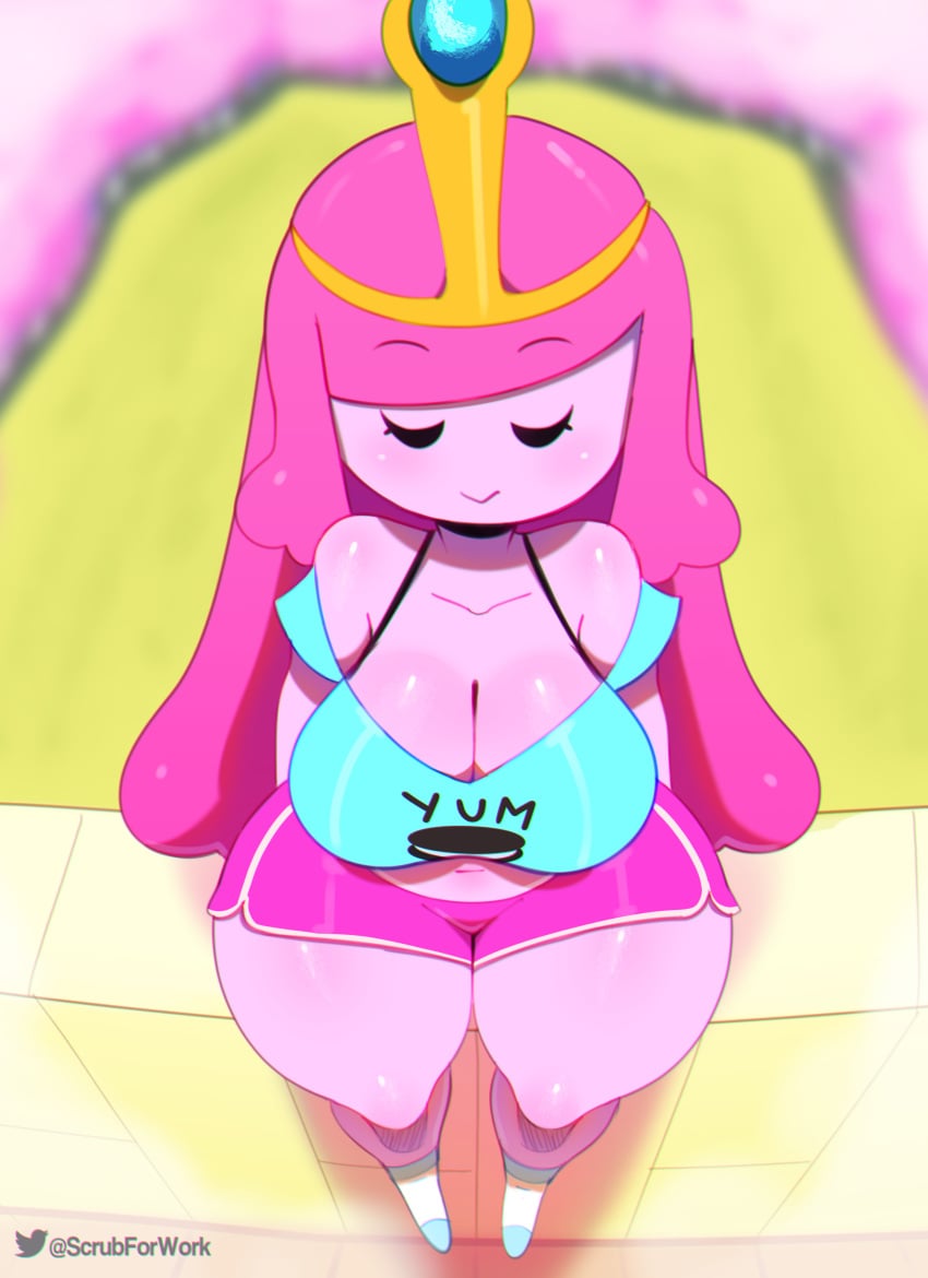 adventure_time big_breasts big_butt bra chubby cleavage crop_top crown goopy huge_breasts pink_skin princess_bubblegum short_shorts shorts simple_eyes sitting slightly_chubby somescrub sport_shorts tagme viewed_from_above wide_hips