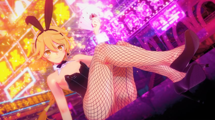 aether_(genshin_impact) blonde_hair bunny_ears bunnysuit cappedracoon crossdressing earrings femboy fishnets genshin_impact high_heels long_hair male male_focus male_only mmd thick_thighs