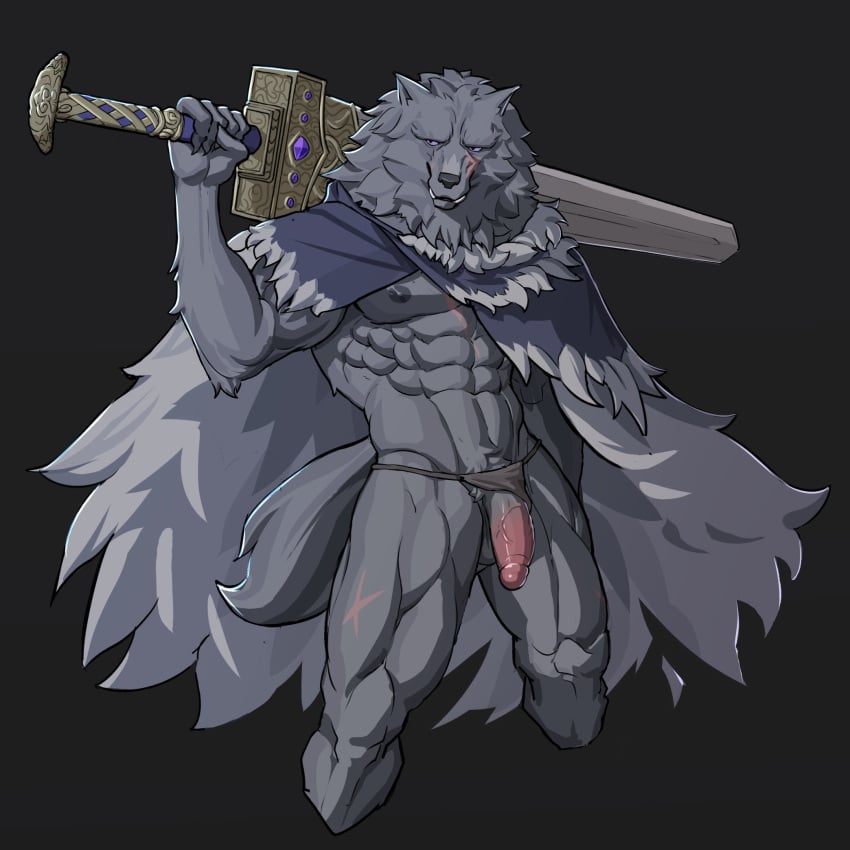 2022 abs anthro balls biceps big_muscles big_penis black_background blaidd_(elden_ring) canid canine canis cape clothing clothing_aside elden_ring fromsoftware fur genitals hi_res holding_object holding_sword holding_weapon humanoid_genitalia humanoid_penis looking_at_viewer male male_only mammal melee_weapon muscular muscular_anthro muscular_male navel nipples obliques pecs penis scar sedo sedo_(usingincognito) simple_background solo standing sword thong thong_aside tuft underwear underwear_aside usingincognito video_games weapon wolf