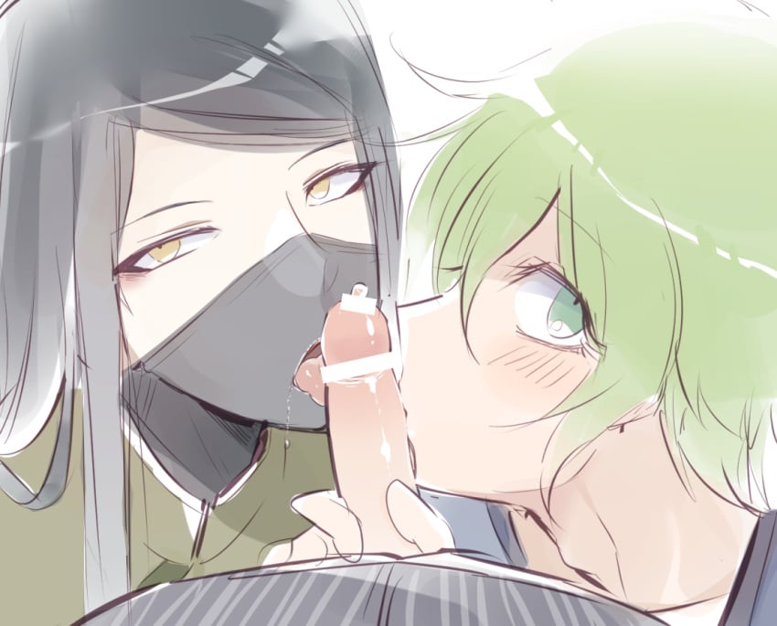 3boys androgynous black_hair blush collaborative_fellatio danganronpa danganronpa_v3 double_fellatio fellatio femboy gay green_eyes green_hair holding_penis kissing kissing_penis licking licking_penis male male_only mask mmm_threesome multiple_boys multiple_fellatio oral pale_skin penis precum rantaro_amami saihara_shuuichi shinguji_korekiyo straight_hair threesome tongue tongue_out yaoi yellow_eyes yu11ma11