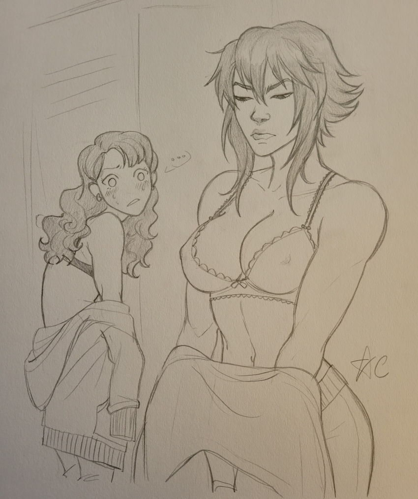 2girls bra chikknwings female_only jealous locker_room original_character tagme traditional_media_(artwork) undressing