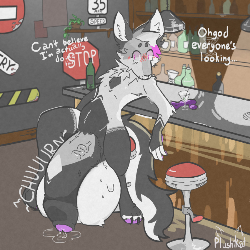 absurd_res alcohol anthro balls beverage big_balls big_penis blush bodily_fluids canid canine embarrassed flaccid fox fur fur_pattern furry furry_penis genital_fluids genitals hair hi_res huge_balls huge_cock hyper hyper_balls hyper_genitalia hyper_penis inner_monologue inside looking_at_another male mammal marble_fox nervous onomatopoeia paws penis pink_eyes pink_hair precum public public_nudity purple_paws red_fox slim solo solo_focus sound_effects sweat text thick_thighs vein veiny_penis voracivulpine white_body