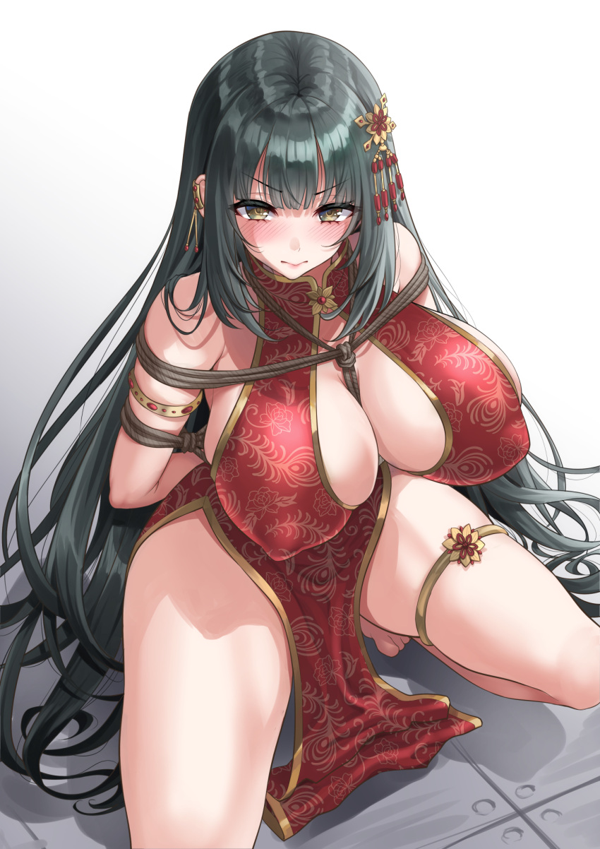 1girls armlet arms_behind_back asian_clothing bangs barefoot black_hair blank_background blush blushing_at_viewer bondage bound bound_arms breasts brown_eyes bursting_breasts captured china_dress chinese_clothes cleavage cleavage_cutout clothing_cutout covered_areola covered_erect_nipples covered_nipples covering_breasts dress dress_slit eyebrows_visible_through_hair female full_body fully_clothed hair_ornament high_resolution highres huge_areolae huge_breasts huge_nipples long_hair looking_at_viewer looking_up nipples_bulge no_shoes no_socks on_floor on_ground original pelvic_curtain plain_background puffy_areolae puffy_nipples red_dress restrained rope rope_around_breasts rope_between_breasts rope_bondage scowl shibari shibari_bondage shibari_over_clothes simple_background skindentation sleeveless sleeveless_dress solo squatting thick_thighs thighlet thighs tied_arms tied_up toes v-shaped_eyebrows very_long_hair voluptuous white_background youshuu