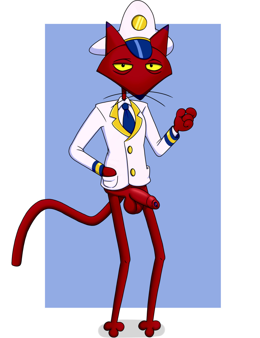 absurd_res anthro balls bottomless cartoon_network casual_nudity clothed clothing courage_the_cowardly_dog domestic_cat erection felid feline felis foreskin furry genitals hand_in_pocket hi_res katz_(courage_the_cowardly_dog) male male_only mammal neenya penis pockets