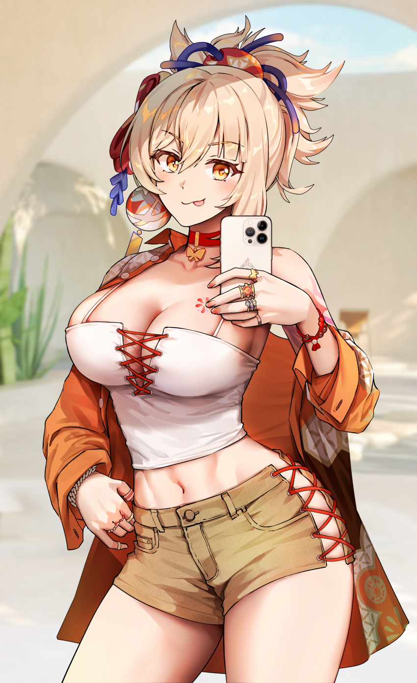 1girls 2022 absurd_res anime_style blonde_hair blush booty_shorts breasts casual_clothes chest_tattoo cleavage female female_only foxy_rain_(foxyreine) foxyrain_(foxyreine) foxyreine genshin_impact hair_ornament hips holding_object large_breasts orange_eyes phone ponytail selfie short_shorts shorts slim_waist smile tattoo thick_thighs thighs tongue tongue_out white_topwear wide_hips yoimiya_(genshin_impact)