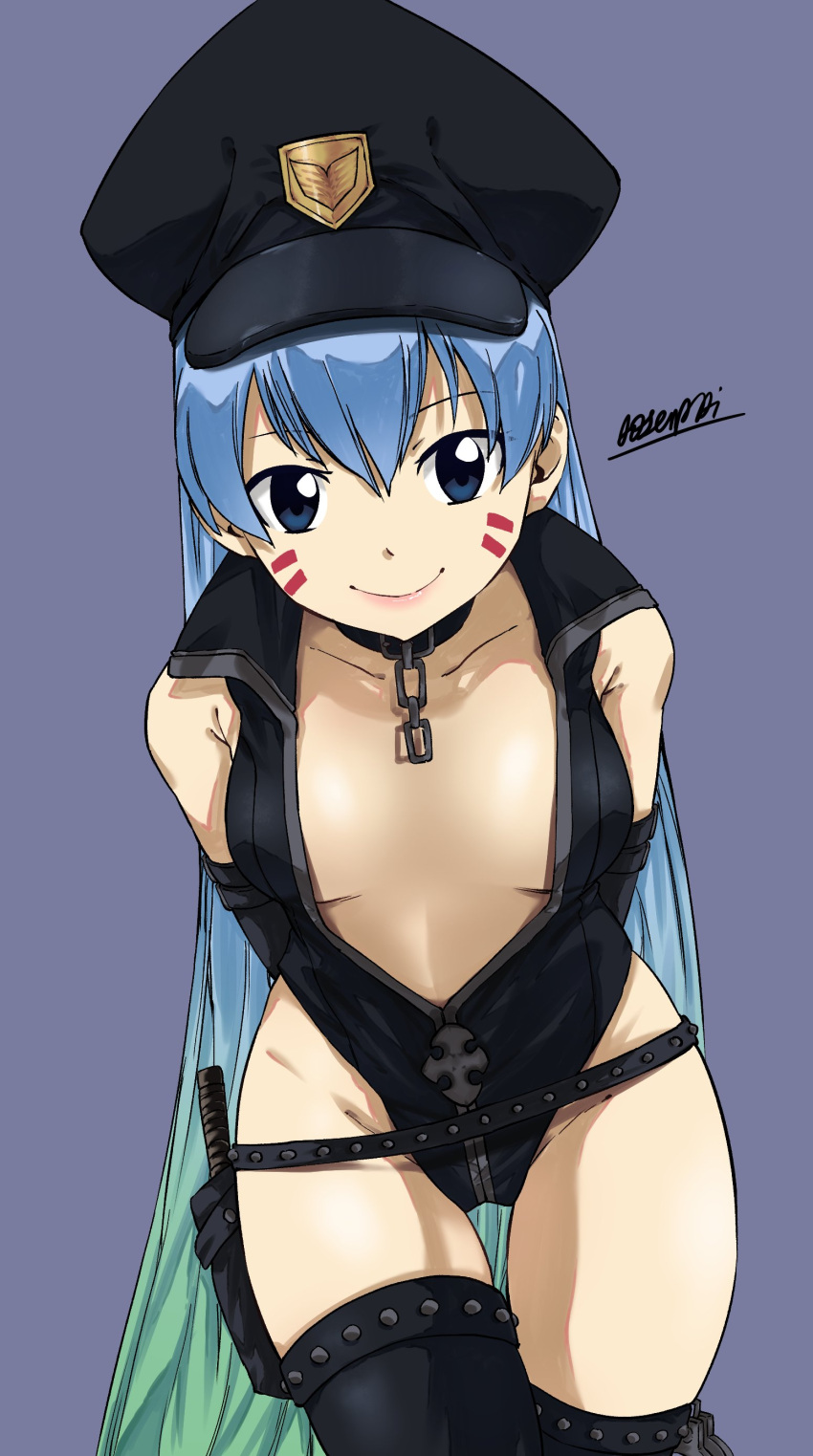 1girls artist_request blue_eyes blue_hair cop_outfit cosplay costume edens_zero green_hair hermit_mio looking_forward police_cap police_costume police_uniform policewoman small_breasts smile smiling smiling_at_viewer sole_female tagme thick_legs thick_thighs thighhighs two_tone_hair