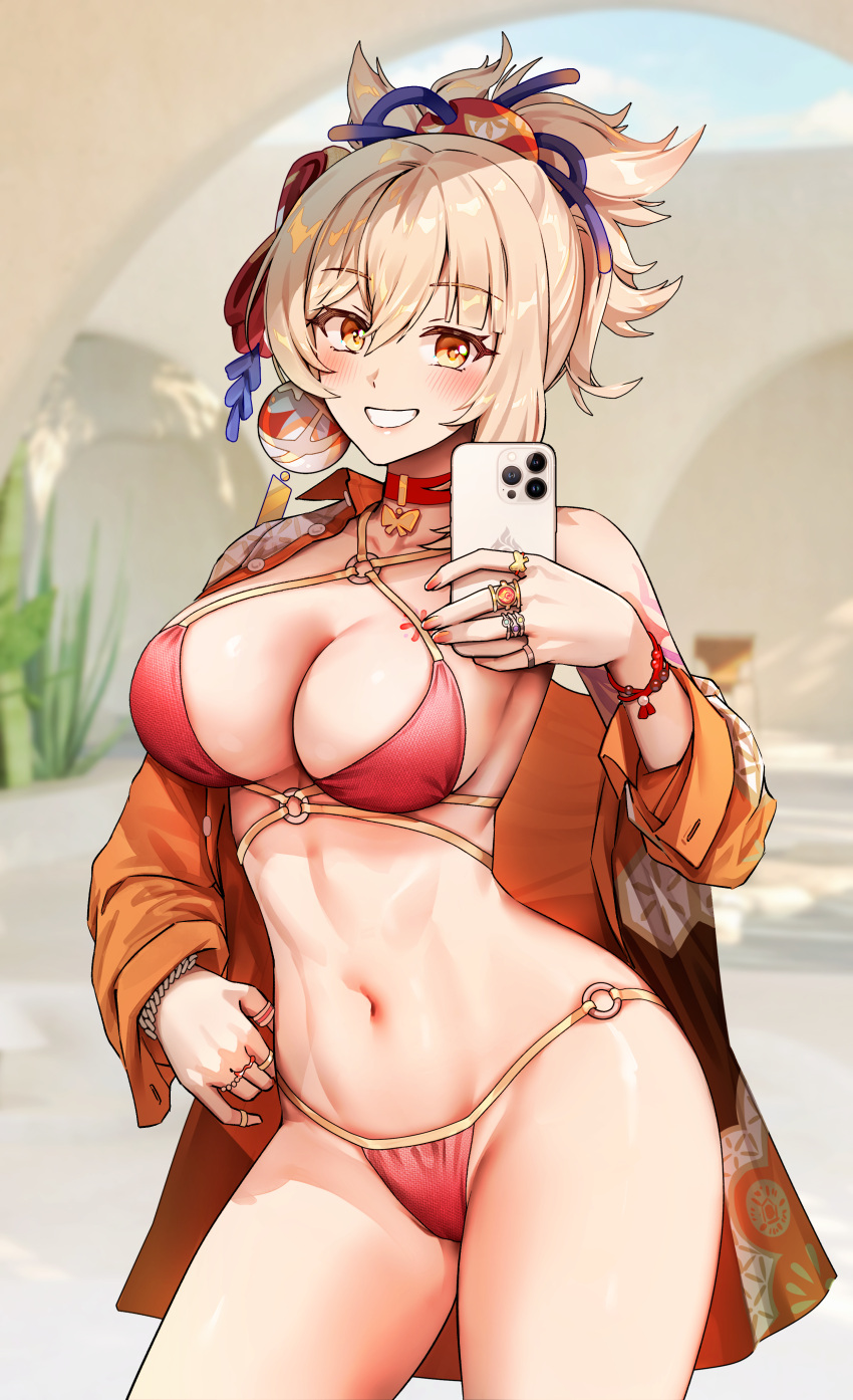 1girls 2022 absurd_res alternate_version_available anime_style bikini blonde_hair blush breasts chest_tattoo cleavage female female_only foxy_rain_(foxyreine) foxyrain_(foxyreine) foxyreine genshin_impact hair_ornament hips holding_object large_breasts orange_eyes phone ponytail selfie slim_waist smile tattoo thick_thighs thighs tongue tongue_out white_topwear wide_hips yoimiya_(genshin_impact)