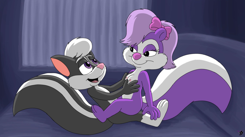 bed black_body black_fur duo fan_character female female_penetrated fifi_la_fume fur furniture hi_res male male/female male_on_bottom male_penetrating male_penetrating_female omatic on_bed on_bottom penetration semi-anthro tiny_toon_adventures warner_brothers