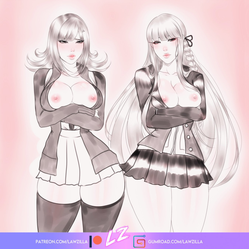 2girls blush breasts danganronpa danganronpa_2:_goodbye_despair embarrassed female female_only kirigiri_kyouko large_breasts lawzilla multiple_girls nanami_chiaki open_clothes straight_hair