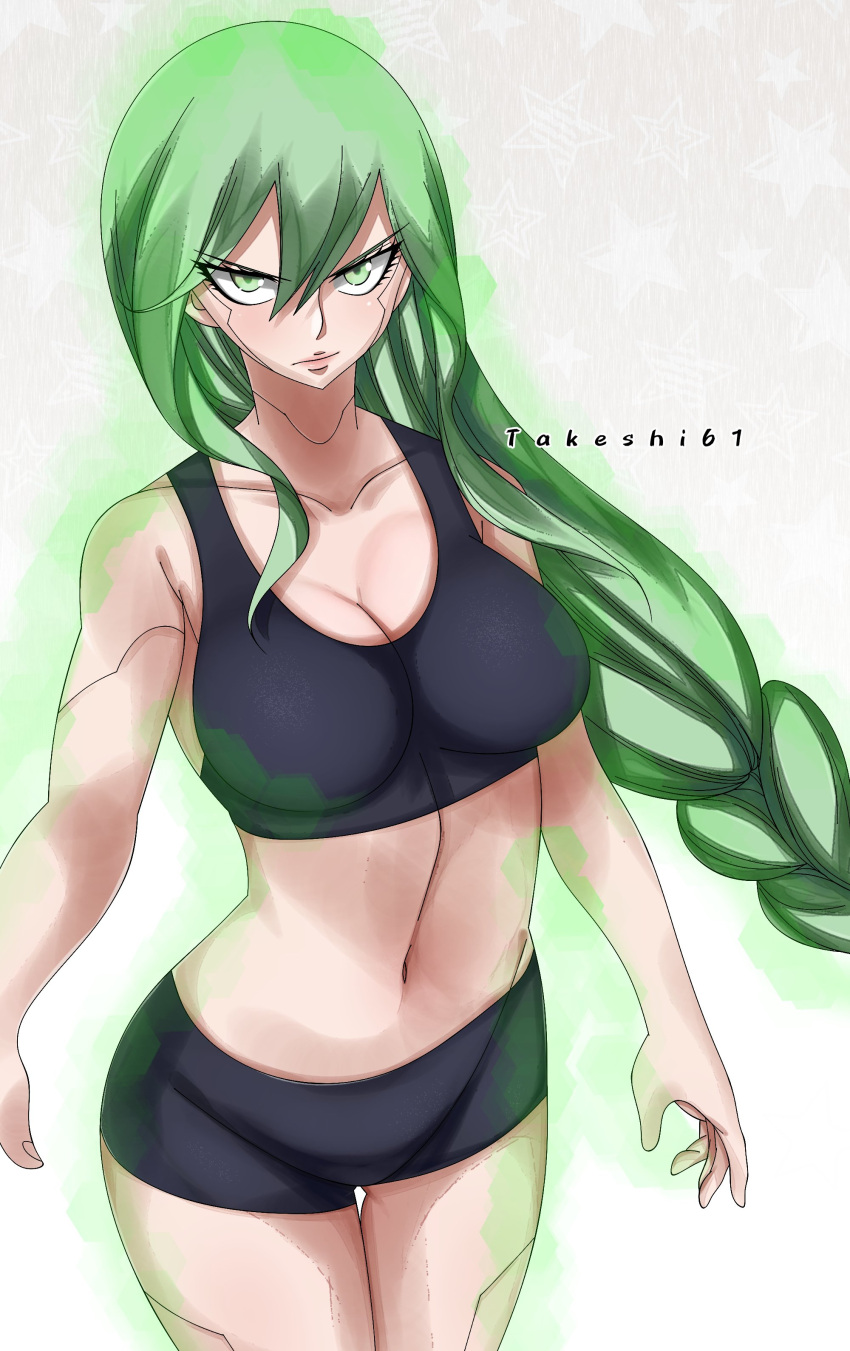 1girls android android_girl big_breasts breasts edens_zero green_eyes green_hair long_hair looking_at_viewer shorts sole_female solo sports_bra sports_shorts takeshi61_(artist) witch_regret