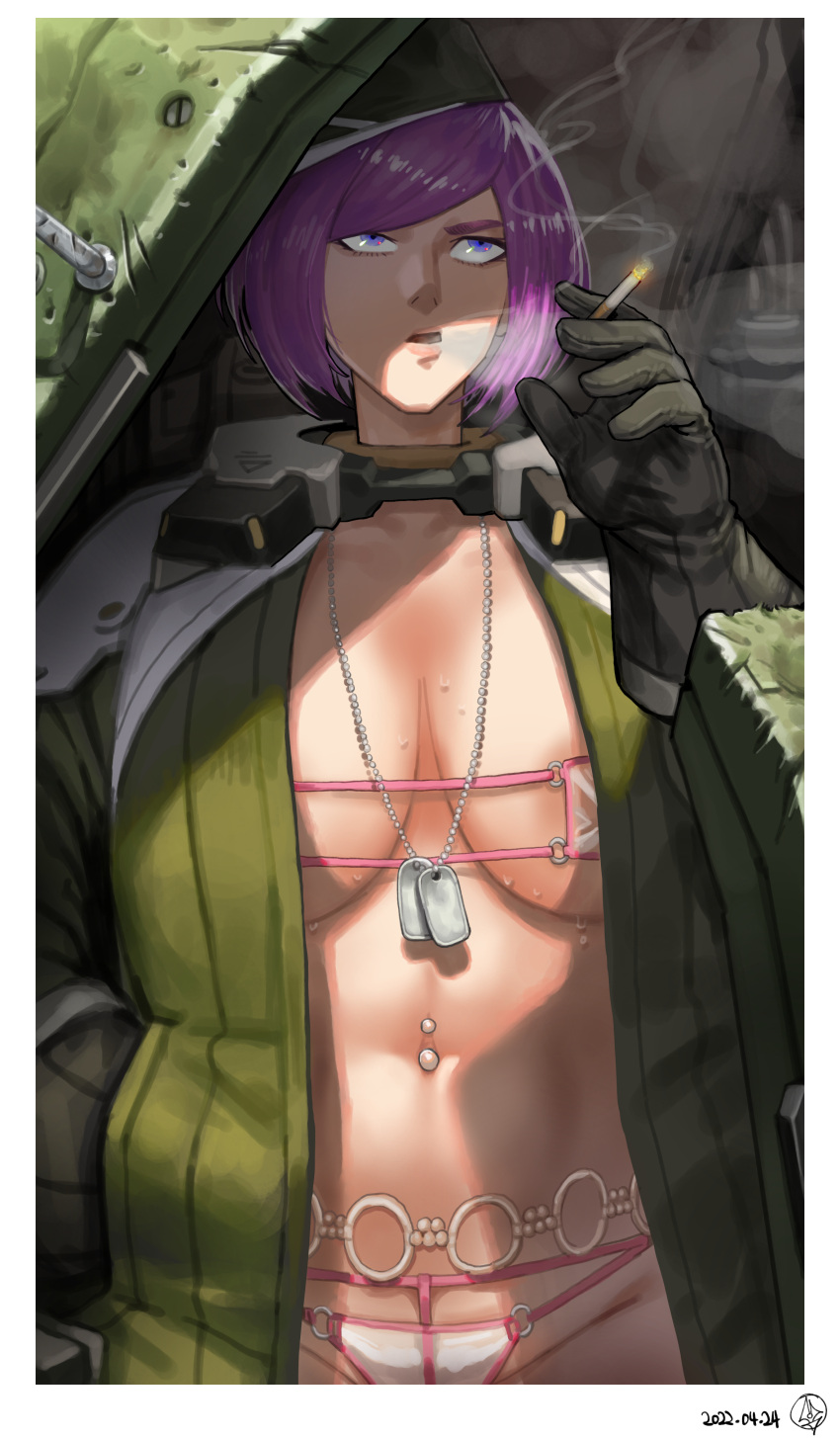 1girls absurdres artist_request big_breasts bikini bloody_panther_(last_origin) blue_eyes boobs breasts busty cigarette coat commentary curvaceous curvy curvy_body curvy_female dog_tags eyepatch_bikini female female_focus gloves hand_in_pocket hat highres huge_breasts korean_commentary large_breasts last_origin looking_up navel_piercing piercing purple_hair shadow smoking solo sukai swimsuit voluptuous