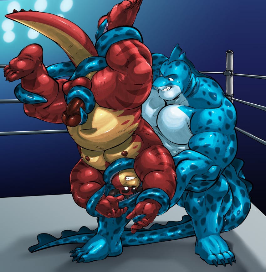 2022 2boys anthro belly big_belly blue_body duo erection fighting_ring gay genitals hi_res humanoid_genitalia humanoid_hands humanoid_penis male male/male male_only markwulfgar monster moobs musclegut nipples overweight overweight_male penis red_body rumble_(film) steve_(rumble) tentacle tentacular_(rumble) wrestling_ring yaoi