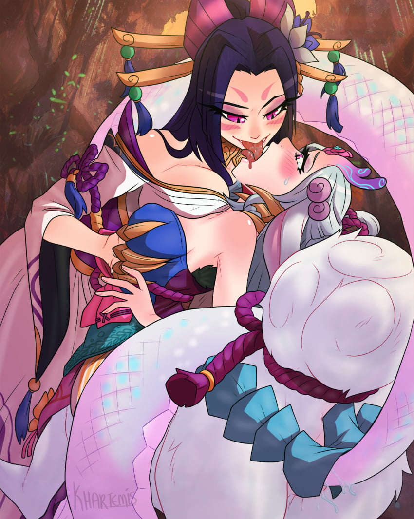 2girls big_breasts black_hair cassiopeia_du_couteau claws deer_taur duo female female_only fur grabbing grabbing_breasts horn huge_breasts khartemis kissing large_breasts league_of_legends lillia_(league_of_legends) long_hair multiple_girls muscular muscular_female open_mouth penetration pink_eyes riot_games smile snake_girl spirit_blossom_cassiopeia spirit_blossom_lillia spirit_blossom_series sweat sweatdrop tail tail_sex taur thick_thighs tongue tongue_kiss white_hair yuri