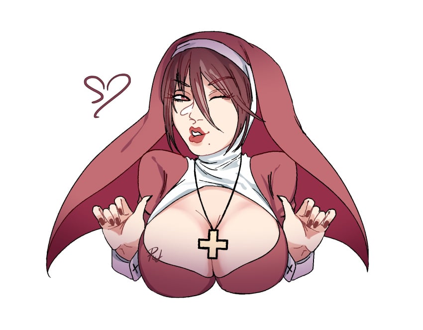 beauty_mark brown_hair cleavage cross eyebrows eyebrows_visible_through_hair eyelashes eyelashes_visible_through_hair huge_breasts looking_at_viewer mida_rana nun pulred red_eyes red_lipstick red_nail_polish red_nails teacher transparent_background twitter_link winking winking_at_viewer yandere yandere_simulator yanderesim yansim