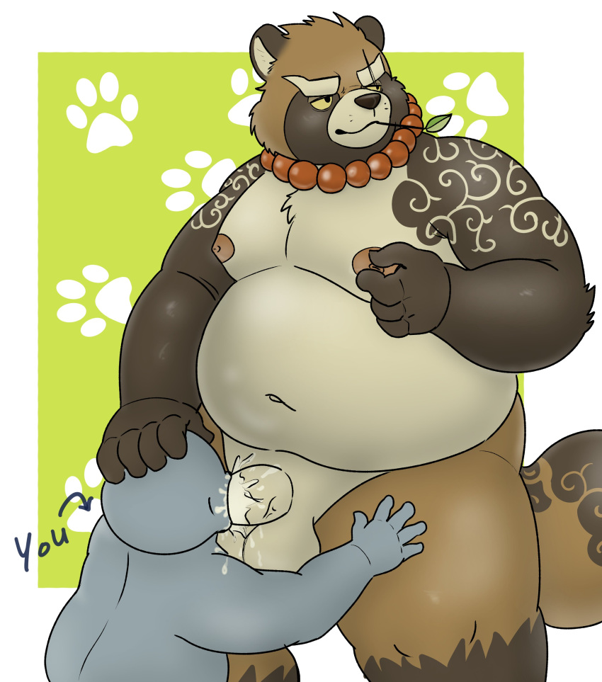 2022 absurd_res anthro balls belly big_belly brown_body canid canine duo genitals gyobu hi_res humanoid_genitalia humanoid_hands humanoid_penis kemono leaf lifewonders male mammal moobs navel nipples oral overweight overweight_male penis raccoon_dog sangguri_32 scar tanuki tokyo_afterschool_summoners video_games