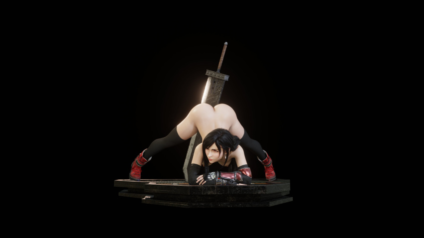 3d ass ass_up black_hair blender_(software) boots buster_sword final_fantasy final_fantasy_vii final_fantasy_vii_remake fingerless_gloves gloves long_hair nude qoc_(artist) red_eyes sword tifa_lockhart weapon