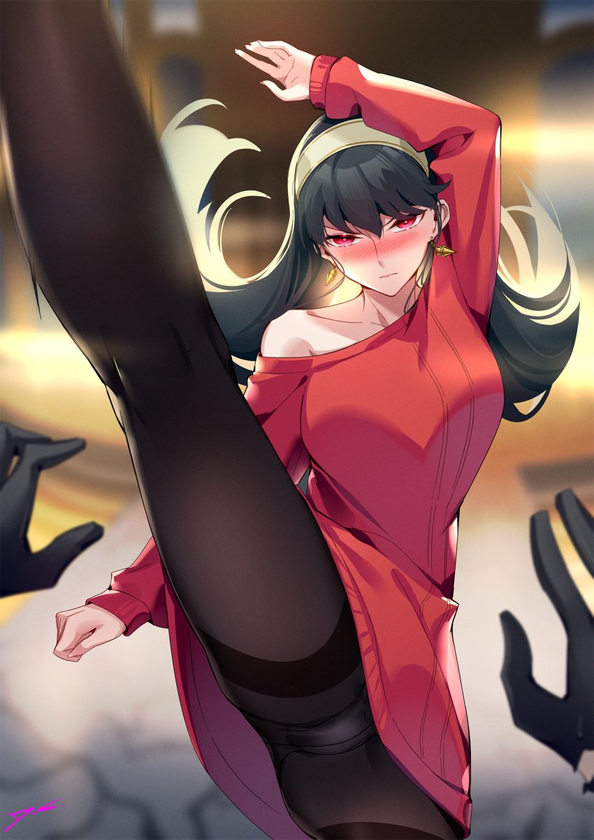 1boy 1girls action_pose arm_up assassin black_gloves black_hair black_pantyhose blush cameltoe dreamcatcher_(artist) drunk earrings female fighting_pose floating_hair glaring gold_earrings headband kicking loid_forger long_hair long_sleeves looking_at_viewer mouth_closed one_hand_up one_leg_up panties panties_under_pantyhose pantyhose pantyshot pov pov_hands red_eyes red_sweater spy_x_family standing standing_on_one_leg straight_hair sweater thighs thorn_princess underwear vertical_splits yor_forger