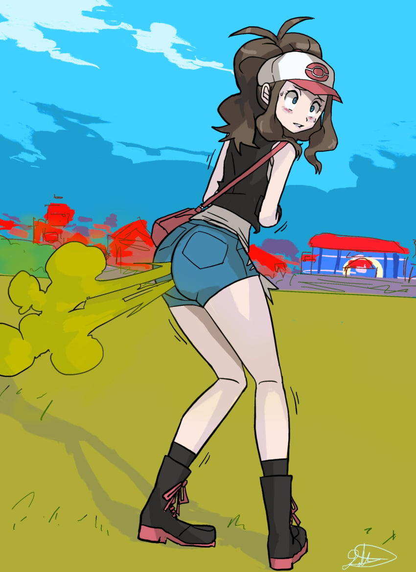 big_ass big_butt blue_eyes brown_hair embarrassed fart fart_cloud fart_fetish farting farting_at_viewer gassy hilda_(pokemon) jean_shorts jeans pokemon pokemon_bw pokemon_center usagaijin yellow_gas yoshizilla