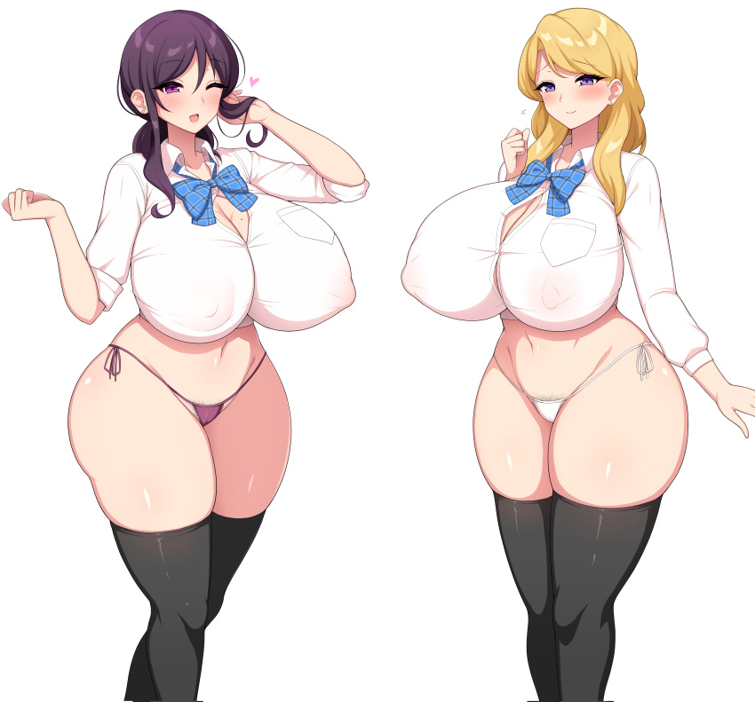 2girls aikome_(haikome) black_legwear black_thighhighs blonde_hair blush breasts_bigger_than_head cleavage g-string haikome heart huge_breasts mari_(haikome) mole mole_on_breast multiple_girls original original_character purple_eyes purple_hair school_uniform shizuka_(haikome) stockings tagme thick_ass thick_thighs thighhighs waifu2x wink