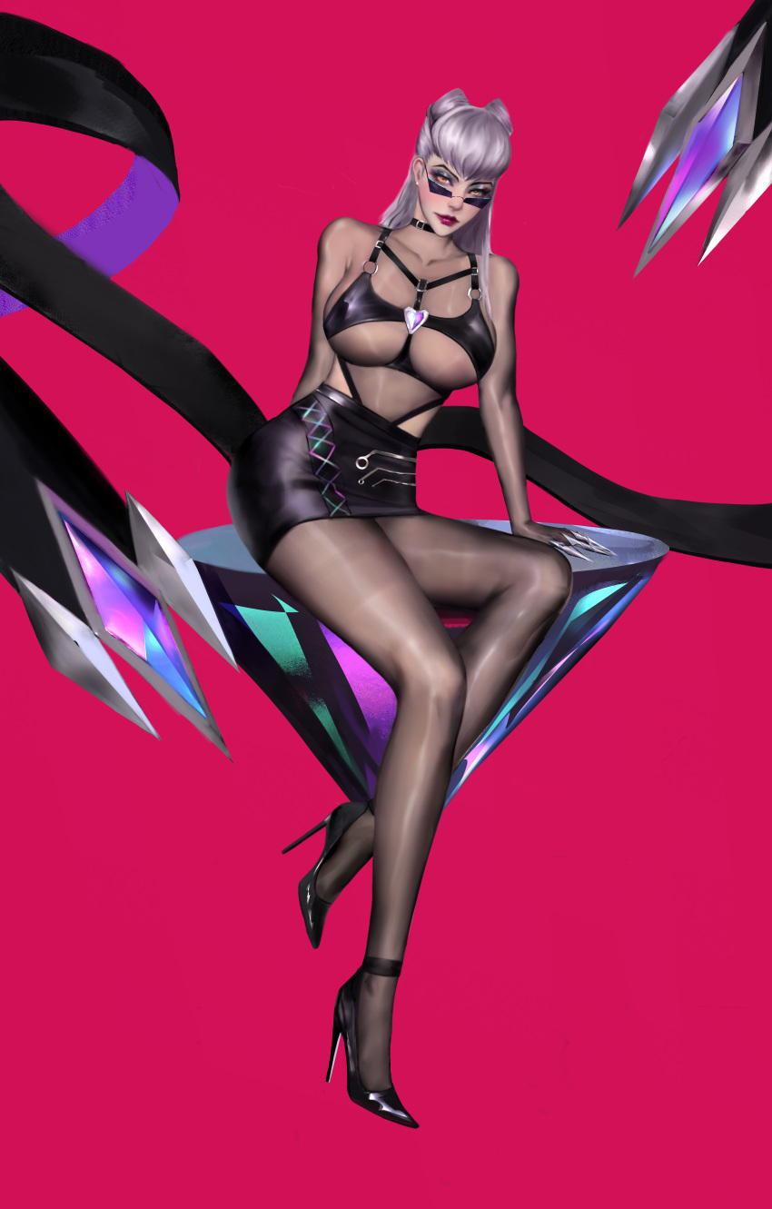 1girls absurd_res an_xing_evan choker cleavage evelynn high_heels k/da_all_out_evelynn k/da_all_out_series k/da_series large_breasts large_filesize league_of_legends lipstick looking_at_viewer looking_over_eyewear looking_over_glasses looking_over_sunglasses mascara miniskirt necklace nipple_bulge no_bra nylons purple-tinted_eyewear riot_games silver_hair simple_background skindentation solo succubus sunglasses tinted_eyewear