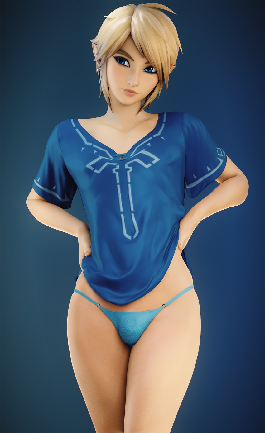 1boy 3d blender blond_hair blonde_hair blue_eyes breath_of_the_wild bulge bulge_in_panties bulge_through_clothing champion's_tunic femboy fugtrup girly hylian hylian_ears light-skinned_femboy light-skinned_male link link_(breath_of_the_wild) male male_only no_sex pale_skin panties pierced_ears piercing shirt_lift short_hair smile solo string_panties the_legend_of_zelda thong twink underwear