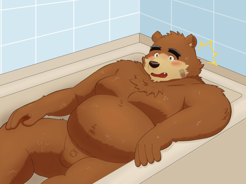 2022 anthro balls band-aid bandage bathtub belly big_belly blush brown_body brown_fur censored detailed_background fur genitals hi_res humanoid_hands kemono lifewonders male mammal micropenis moobs overweight overweight_male penis small_penis solo tokyo_afterschool_summoners ursid video_games volos yaki_atsuage