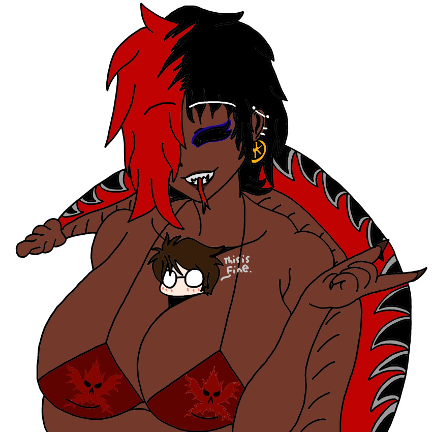 bikini black_hair breast_smother breast_smothering closed_eyes dark-skinned_female dark_areola dark_nipples ebony_(oc) eyeliner fangs huge_breasts multicolored_hair muscular okami_black_(copyright) original original_character red_eyes red_hair scarlett_kross_(character) silver_eyes smile snake_girl snake_tail snake_tongue tall_female taller_female taller_girl taller_woman