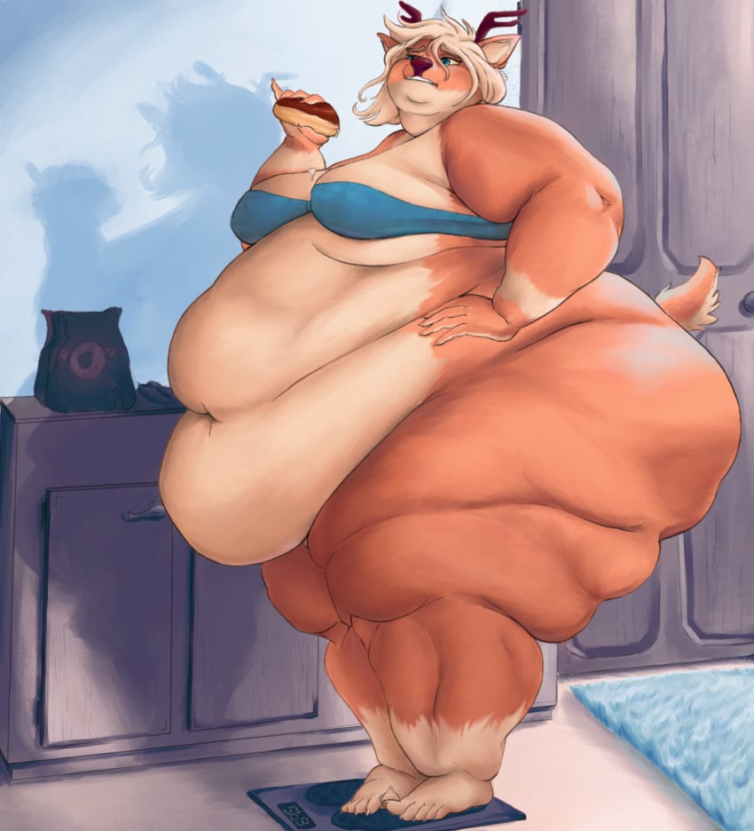 1girls anthro ass bbw belly big_belly big_butt bra cervid clothing eating eating_food eclair fat fat_arms female female_only furry hi_res horn huge_butt inksplot inside mammal morbidly_obese obese obese_anthro obese_female oc overweight overweight_anthro overweight_female solo ssbbw standing thick_thighs underwear weighing_scale