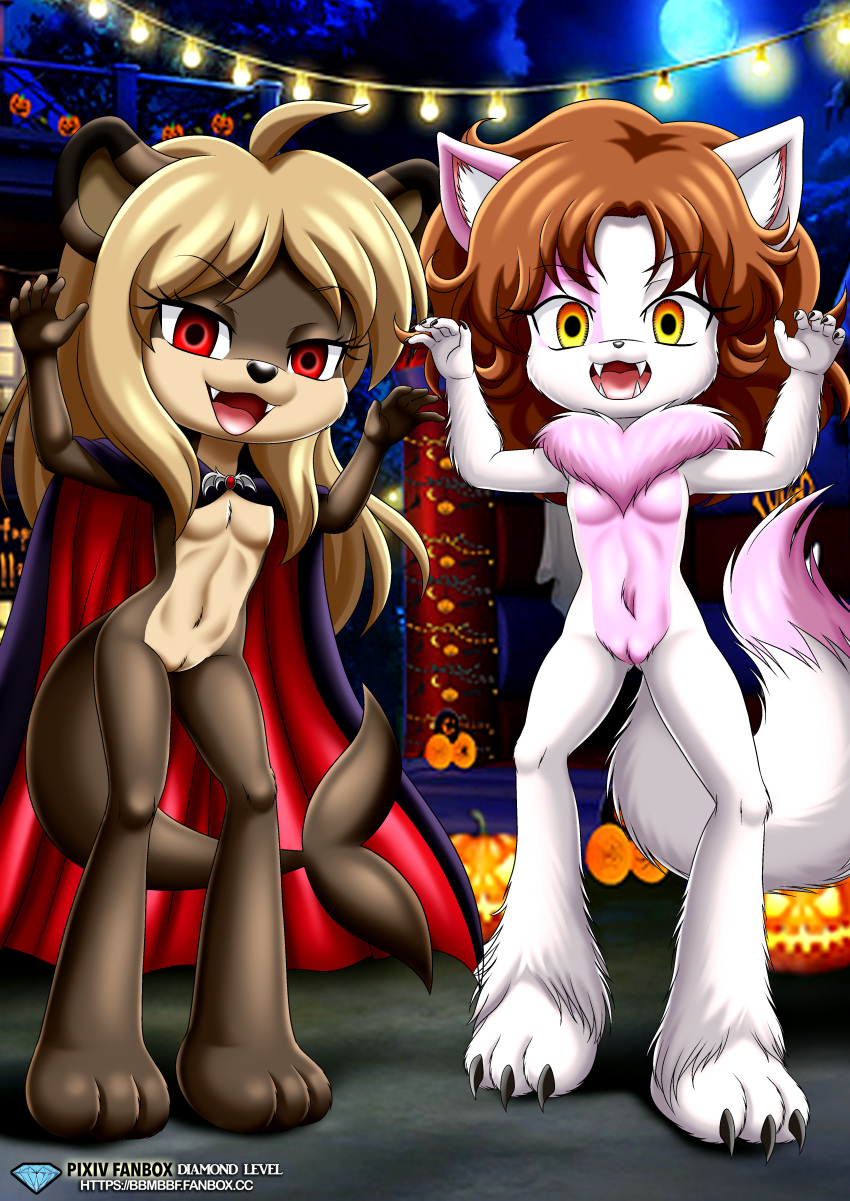 2girls bbmbbf chani_(ajdurai) diamond_level female female_only halloween jenny_(ajdurai) little_tails multiple_girls nude open_mouth palcomix pietros_secret_club pussy tongue