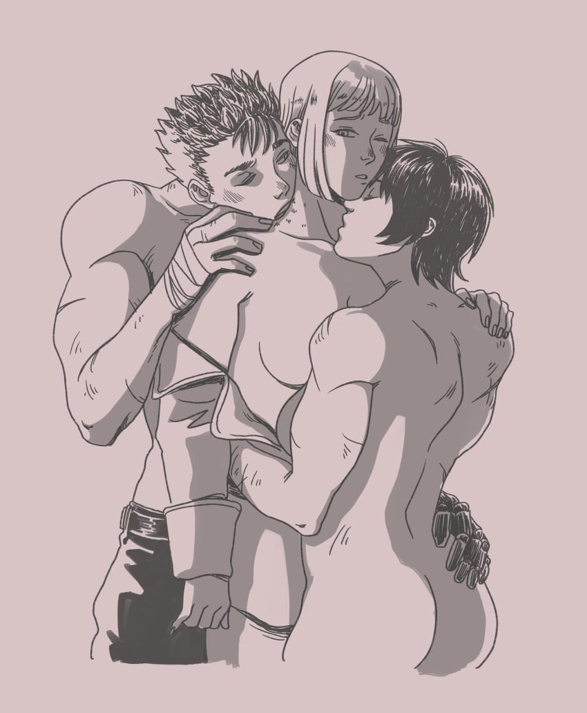 1boy 2girls berserk breasts casca dark-skinned_female farnese female guts_(berserk) human kissing male monochrome muscular_male nude racqueer short_hair teamwork threesome undressing yuri