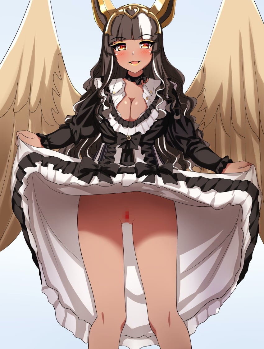 alternate_version_available amber_eyes bangs black_and_white_clothing black_and_white_hair black_hair bow censored cleavage curly_hair dress exposed_pussy facing_forward facing_viewer frilled_dress frilled_skirt frills headgear headpiece highres indie_virtual_youtuber kelli_siren legs lifting_skirt long_hair maid maid_dress maid_outfit maid_uniform nanashi79410097 neck_ribbon neckwear open_mouth orange_eyes presenting_pussy shaved_crotch shaved_pussy smirk smirking smug smug_face smug_grin solo solo_female solo_focus tan_skin two_tone_hair unbuttoned unbuttoned_dress virtual_youtuber wavy_hair white_hair winged_humanoid wings zanntetu