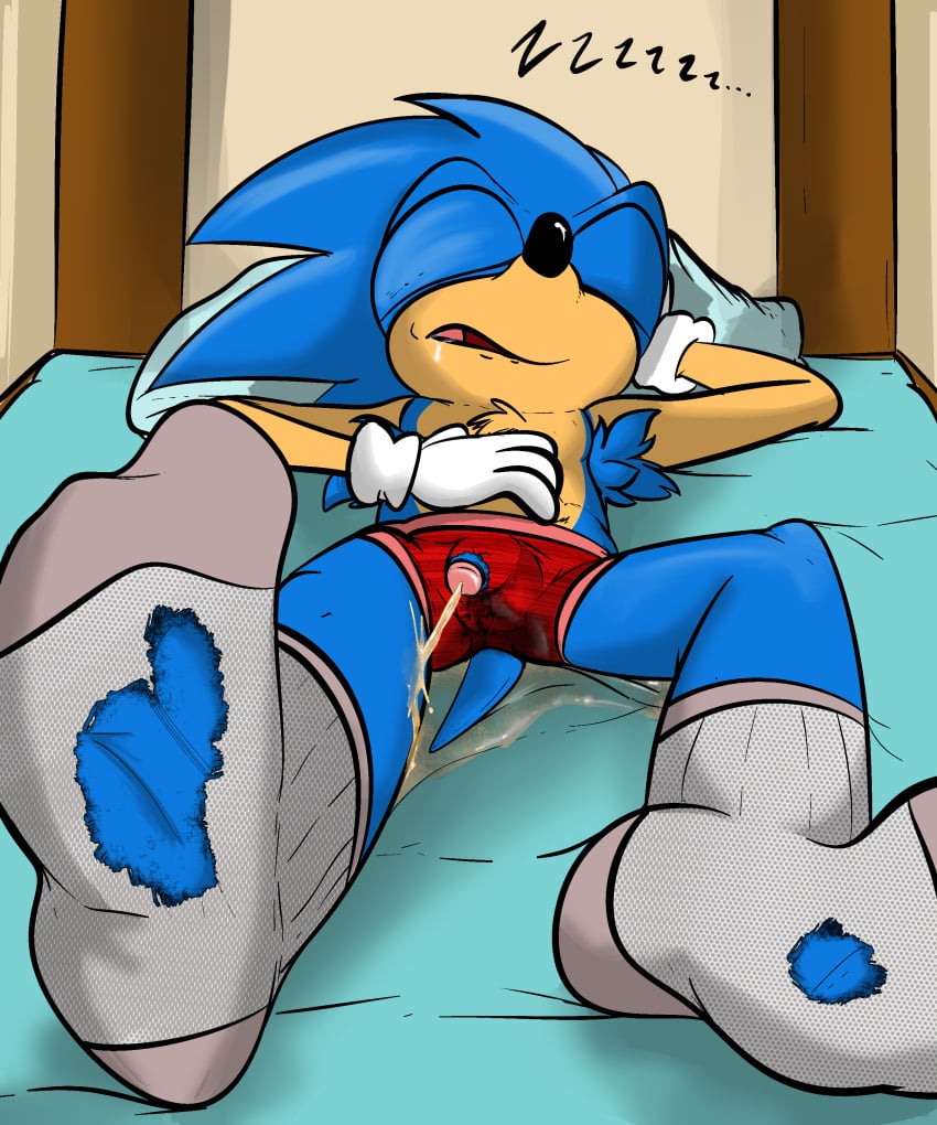 1boy absurd_res anthro armpit_hair bed bedwetting bodily_fluids body_hair clothed clothing drooling eulipotyphlan flaccid footwear furniture genital_fluids genitals hedgehog hi_res illegaleel male male_only mammal partially_clothed peeing penis poking_out saliva sega sleeping socks solo sonic_(series) sonic_the_hedgehog sonic_the_hedgehog_(series) torn_clothing underwear urine urine_pool wet wet_clothing wetting