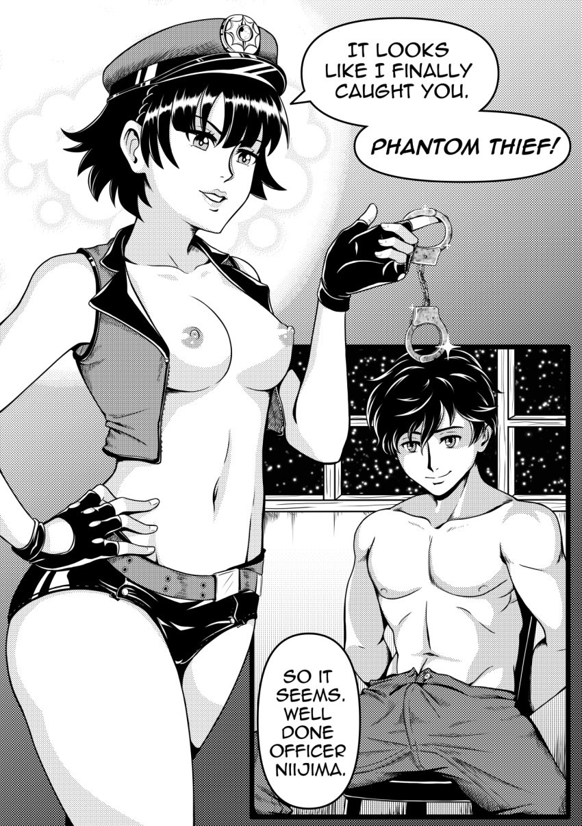 1boy 1girls 2022 akira_kurusu black_and_white black_hair bondage breasts clothing dialogue fingerless_gloves handcuffs hat joker_(persona) makoto_niijima male muff17 muscular muscular_male nipples persona persona_5 police police_hat police_uniform policewoman ren_amamiya restrained roleplay short_hair smile speech_bubble straight text white_skin