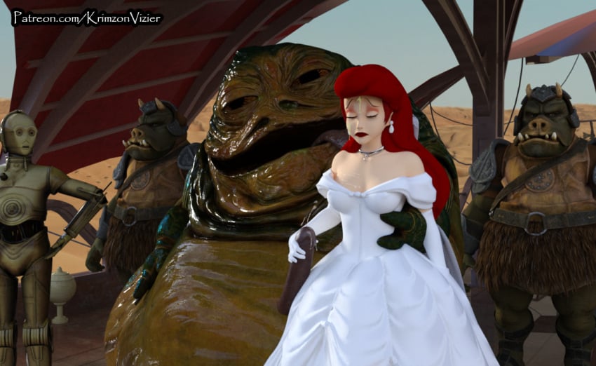 3d 3d_(artwork) 3d_render ariel ariel_(the_little_mermaid) artist_website c-3po crossover disney disney_princess gamorrean gamorrean_guard hutt jabba's_palace jabba_the_hutt krimzonvizier lucasfilm penis protocol_droid red_hair star_wars the_little_mermaid the_little_mermaid_(1989_film) wedding_dress white_dress